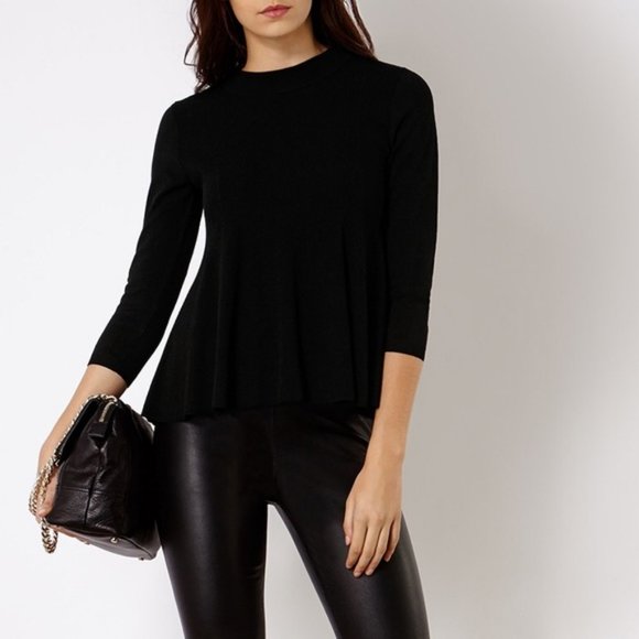 Karen Millen Tops - Karen Millen mockneck ribbed jumper sweater top 3/4 sleeves flared swing peplum